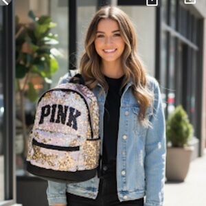Victoria's Secret Pink Gold Black Iridescent Flip Sequin Bling Campus Backpack
